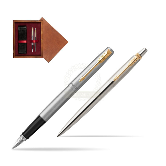 Zestaw prezentowy Parker Pióro + Długopis Jotter Stalowy GT w pudełku drewnianym Mahoń Double Bordo