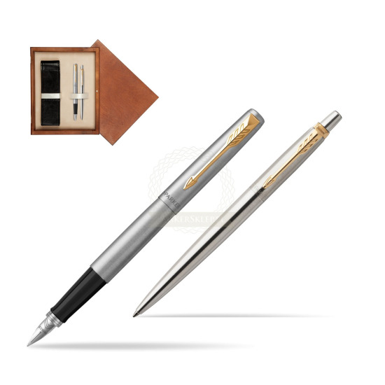 Zestaw prezentowy Parker Pióro + Długopis Jotter Stalowy GT w pudełku drewnianym Mahoń Double Ecru