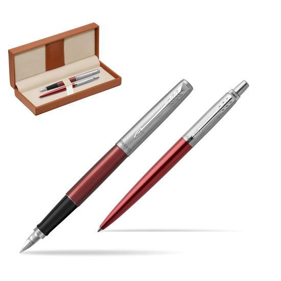 Zestaw Prezentowy Parker Pióro wieczne + Długopis Jotter Kensington Czerwony CT w pudełku classic brown