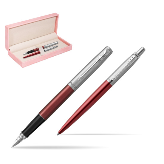 Zestaw Prezentowy Parker Pióro wieczne + Długopis Jotter Kensington Czerwony CT w różowym pudełku zamszowym
