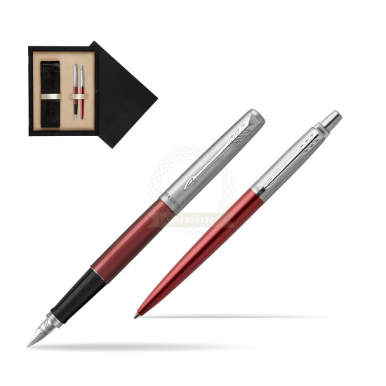 Zestaw Prezentowy Parker Pióro wieczne + Długopis Jotter Kensington Czerwony CT w pudełku drewnianym Czerń Double Ecru