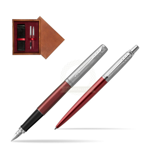 Zestaw Prezentowy Parker Pióro wieczne + Długopis Jotter Kensington Czerwony CT w pudełku drewnianym Mahoń Double Bordo