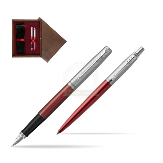 Zestaw Prezentowy Parker Pióro wieczne + Długopis Jotter Kensington Czerwony CT w pudełku drewnianym Wenge Double Bordo