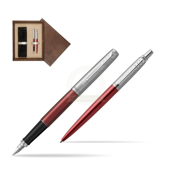 Zestaw Prezentowy Parker Pióro wieczne + Długopis Jotter Kensington Czerwony CT w pudełku drewnianym Wenge Double Ecru