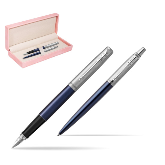 Zestaw prezentowy Parker Pióro wieczne + Długopis Jotter Royal Niebieski CT w różowym pudełku zamszowym