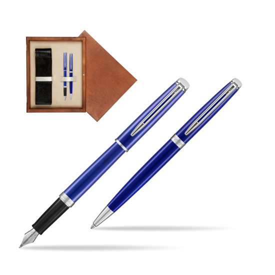 Zestaw prezentowy pióro wieczne + długopis Waterman Hémisphère 2018 Bright Blue CT w pudełku drewnianym Mahoń Double Ecru