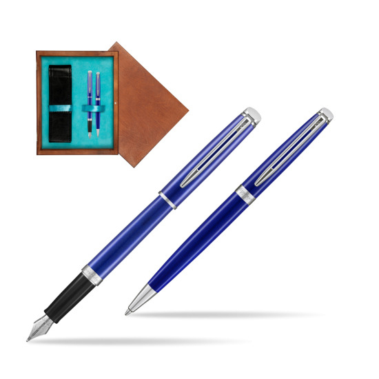 Zestaw prezentowy pióro wieczne + długopis Waterman Hémisphère 2018 Bright Blue CT w pudełku drewnianym Mahoń Double Turkus
