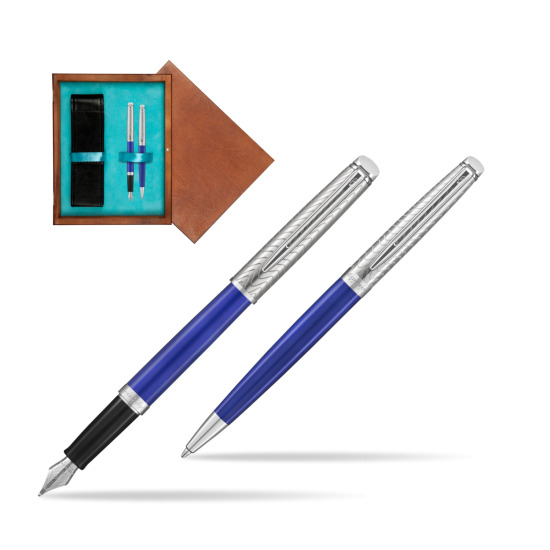 Zestaw prezentowy pióro wieczne + długopis Waterman Hémisphère 2018 Deluxe Blue Wave CT w pudełku drewnianym Mahoń Double Turkus