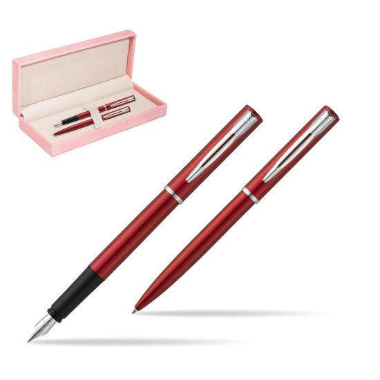 Zestaw prezentowy pióro wieczne + długopis Waterman Allure czerwony CT w różowym pudełku zamszowym