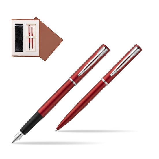 Zestaw prezentowy pióro wieczne + długopis Waterman Allure czerwony CT w brązowym pudełku zamszowym