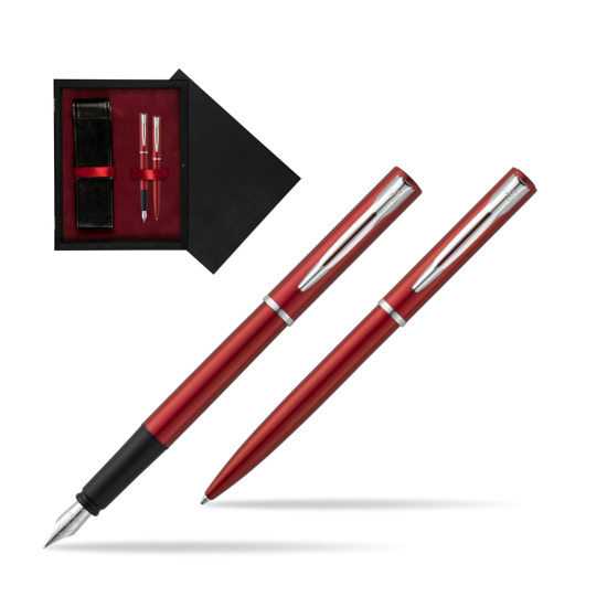 Zestaw prezentowy pióro wieczne + długopis Waterman Allure czerwony CT w pudełku drewnianym Czerń Double Bordo