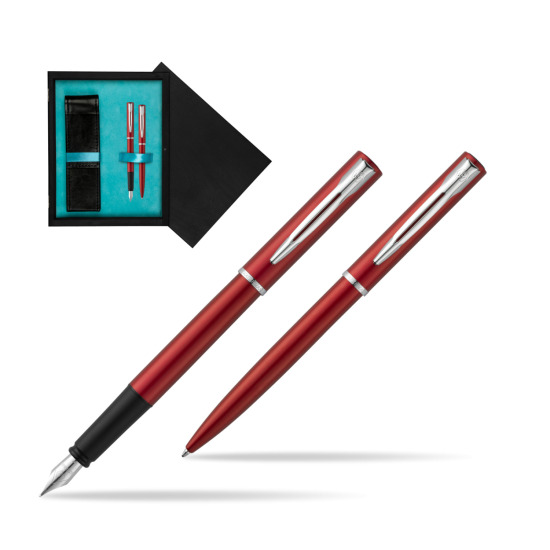 Zestaw prezentowy pióro wieczne + długopis Waterman Allure czerwony CT w pudełku drewnianym Czerń Double Turkus