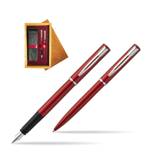 Zestaw prezentowy pióro wieczne + długopis Waterman Allure czerwony CT w pudełku drewnianym Honey Double Bordo