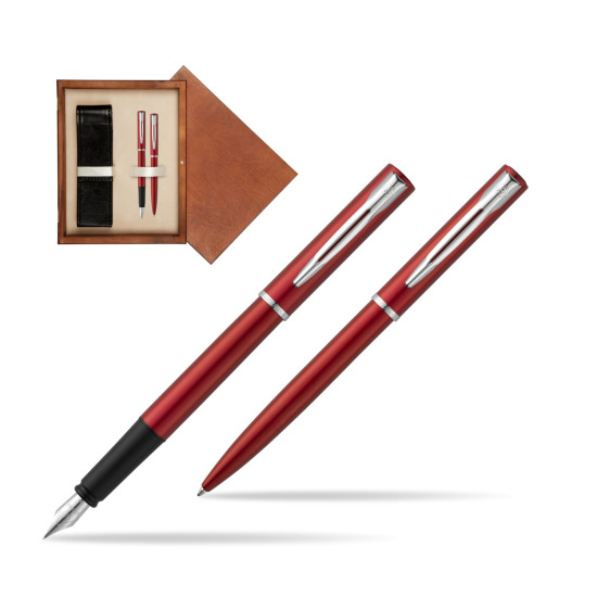 Zestaw prezentowy pióro wieczne + długopis Waterman Allure czerwony CT w pudełku drewnianym Mahoń Double Ecru