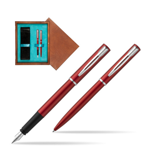 Zestaw prezentowy pióro wieczne + długopis Waterman Allure czerwony CT w pudełku drewnianym Mahoń Double Turkus