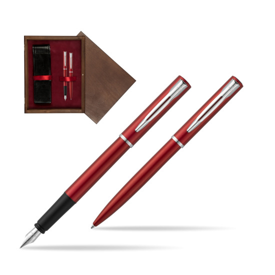Zestaw prezentowy pióro wieczne + długopis Waterman Allure czerwony CT w pudełku drewnianym Wenge Double Bordo