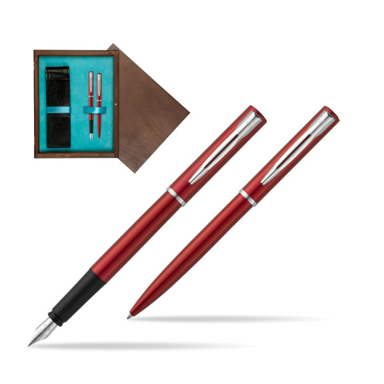 Zestaw prezentowy pióro wieczne + długopis Waterman Allure czerwony CT w pudełku drewnianym Wenge Double Turkus