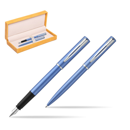 Zestaw prezentowy pióro wieczne + długopis Waterman Allure niebieski CT w żółtym pudełku zamszowym