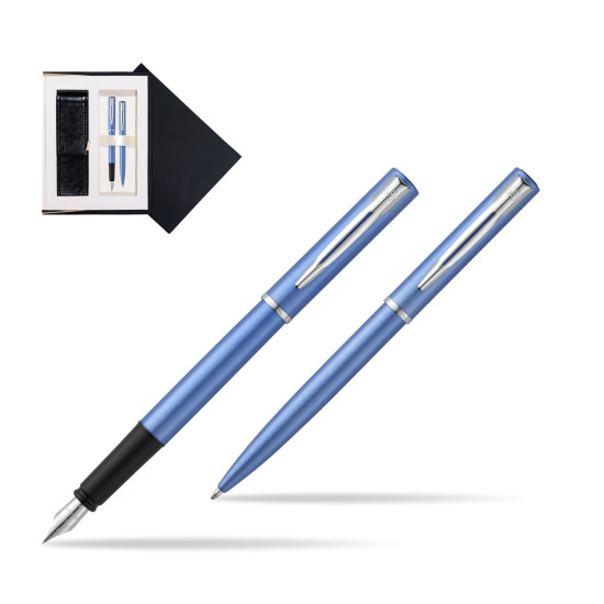 Zestaw prezentowy pióro wieczne + długopis Waterman Allure niebieski CT w czarnym pudełku zamszowym