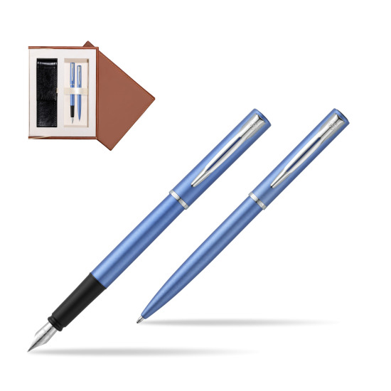 Zestaw prezentowy pióro wieczne + długopis Waterman Allure niebieski CT w brązowym pudełku zamszowym