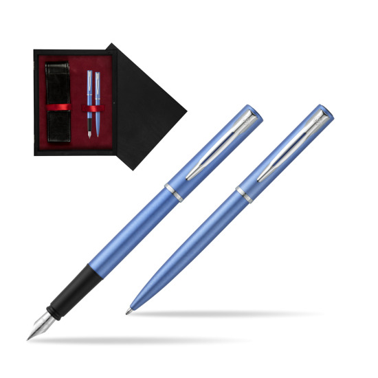 Zestaw prezentowy pióro wieczne + długopis Waterman Allure niebieski CT w pudełku drewnianym Czerń Double Bordo