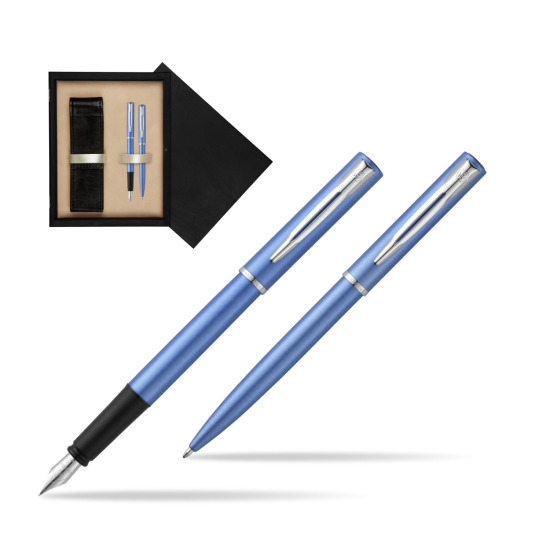 Zestaw prezentowy pióro wieczne + długopis Waterman Allure niebieski CT w pudełku drewnianym Czerń Double Ecru