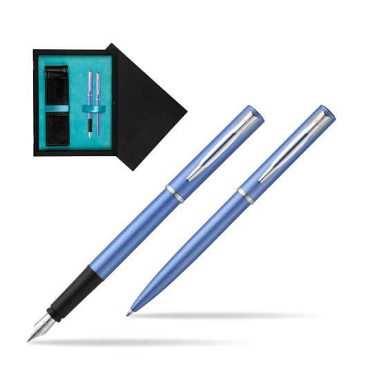 Zestaw prezentowy pióro wieczne + długopis Waterman Allure niebieski CT w pudełku drewnianym Czerń Double Turkus