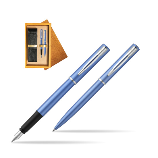 Zestaw prezentowy pióro wieczne + długopis Waterman Allure niebieski CT w pudełku drewnianym Honey Double Ecru