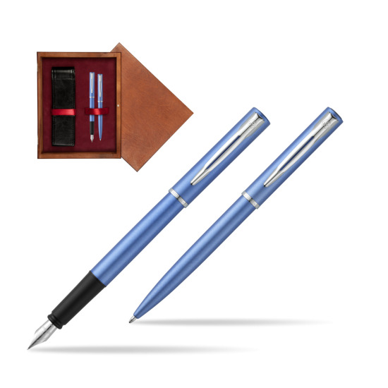 Zestaw prezentowy pióro wieczne + długopis Waterman Allure niebieski CT w pudełku drewnianym Mahoń Double Bordo