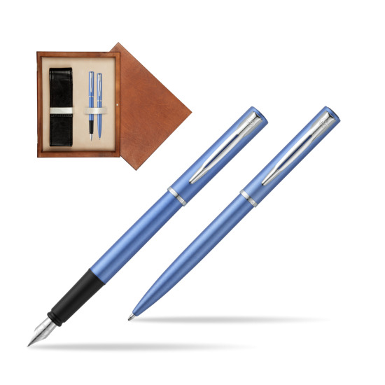 Zestaw prezentowy pióro wieczne + długopis Waterman Allure niebieski CT w pudełku drewnianym Mahoń Double Ecru