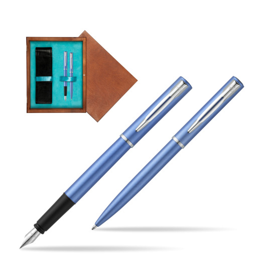 Zestaw prezentowy pióro wieczne + długopis Waterman Allure niebieski CT w pudełku drewnianym Mahoń Double Turkus