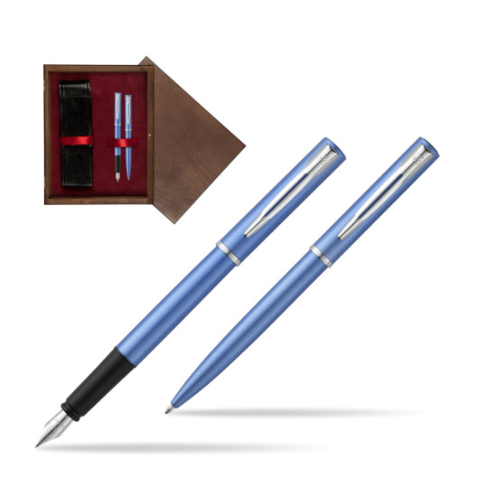 Zestaw prezentowy pióro wieczne + długopis Waterman Allure niebieski CT w pudełku drewnianym Wenge Double Bordo
