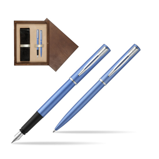 Zestaw prezentowy pióro wieczne + długopis Waterman Allure niebieski CT w pudełku drewnianym Wenge Double Ecru