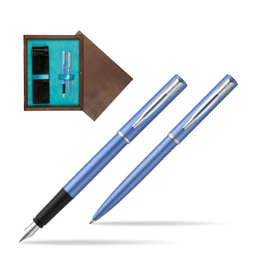Zestaw prezentowy pióro wieczne + długopis Waterman Allure niebieski CT w pudełku drewnianym Wenge Double Turkus