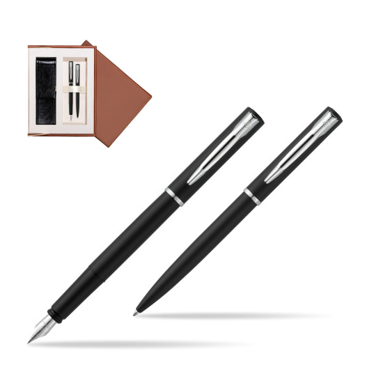 Zestaw prezentowy pióro wieczne + długopis Waterman Allure czarny mat CT w brązowym pudełku zamszowym