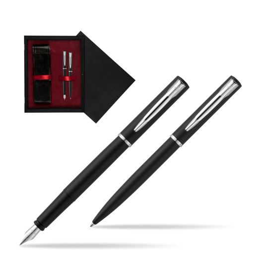 Zestaw prezentowy pióro wieczne + długopis Waterman Allure czarny mat CT w pudełku drewnianym Czerń Double Bordo