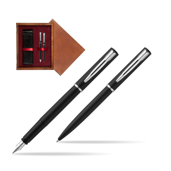 Zestaw prezentowy pióro wieczne + długopis Waterman Allure czarny mat CT w pudełku drewnianym Mahoń Double Bordo