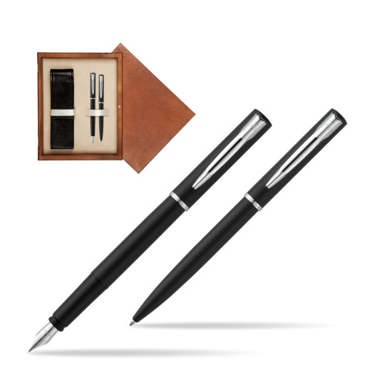 Zestaw prezentowy pióro wieczne + długopis Waterman Allure czarny mat CT w pudełku drewnianym Mahoń Double Ecru