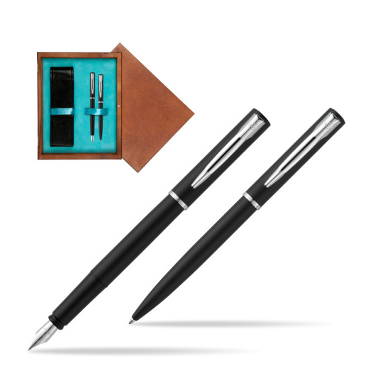 Zestaw prezentowy pióro wieczne + długopis Waterman Allure czarny mat CT w pudełku drewnianym Mahoń Double Turkus