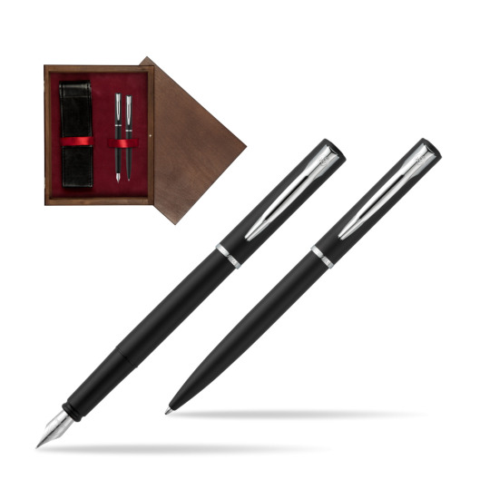Zestaw prezentowy pióro wieczne + długopis Waterman Allure czarny mat CT w pudełku drewnianym Wenge Double Bordo