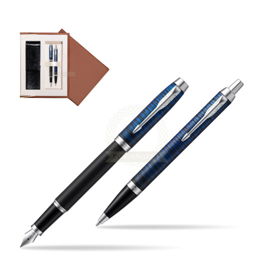 Zestaw prezentowy Parker pióro wieczne + długopis IM Blue Origin Edycja Specjalna w brązowym pudełku zamszowym