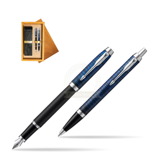 Zestaw prezentowy Parker pióro wieczne + długopis IM Blue Origin Edycja Specjalna w pudełku drewnianym Honey Double Ecru