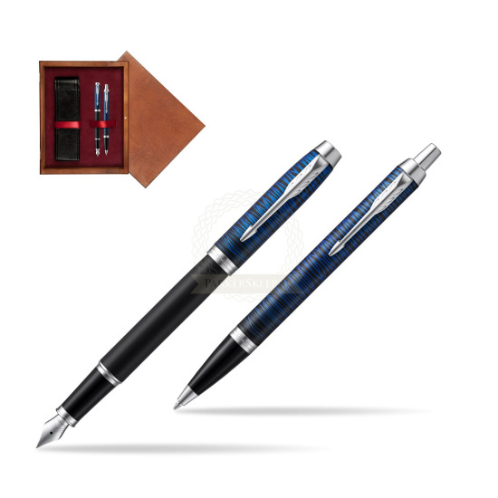 Zestaw prezentowy Parker pióro wieczne + długopis IM Blue Origin Edycja Specjalna w pudełku drewnianym Mahoń Double Bordo