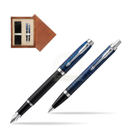 Zestaw prezentowy Parker pióro wieczne + długopis IM Blue Origin Edycja Specjalna w pudełku drewnianym Mahoń Double Ecru