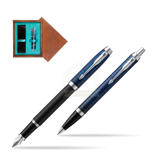 Zestaw prezentowy Parker pióro wieczne + długopis IM Blue Origin Edycja Specjalna w pudełku drewnianym Mahoń Double Turkus