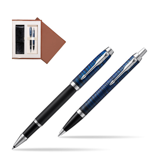 Zestaw prezentowy Parker pióro kulkowe + długopis IM Blue Origin Edycja Specjalna w brązowym pudełku zamszowym