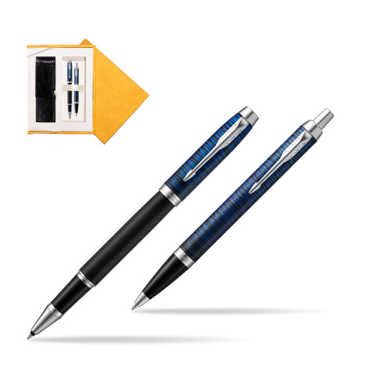 Zestaw prezentowy Parker pióro kulkowe + długopis IM Blue Origin Edycja Specjalna w żółtym pudełku zamszowym