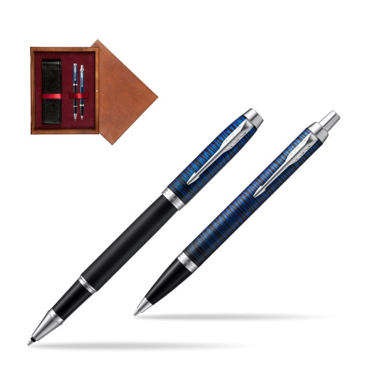 Zestaw prezentowy Parker pióro kulkowe + długopis IM Blue Origin Edycja Specjalna w pudełku drewnianym Mahoń Double Bordo