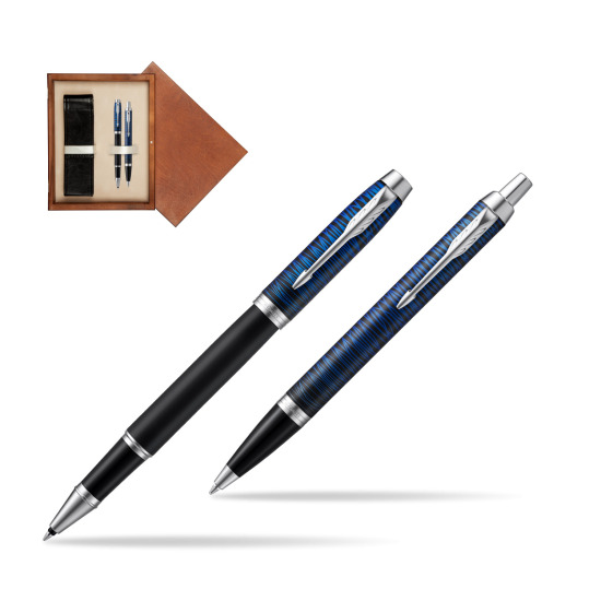 Zestaw prezentowy Parker pióro kulkowe + długopis IM Blue Origin Edycja Specjalna w pudełku drewnianym Mahoń Double Ecru