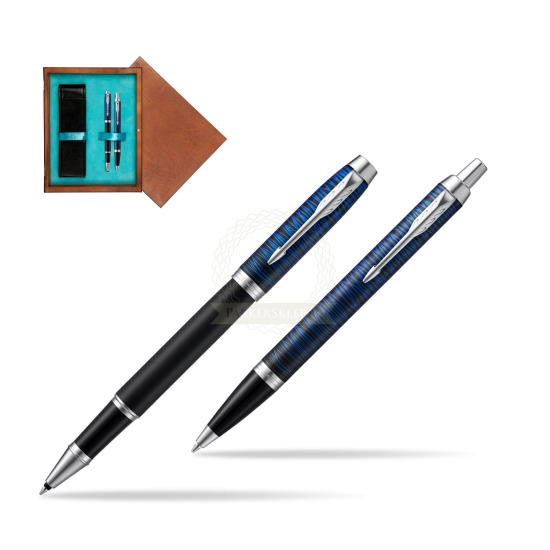 Zestaw prezentowy Parker pióro kulkowe + długopis IM Blue Origin Edycja Specjalna w pudełku drewnianym Mahoń Double Turkus